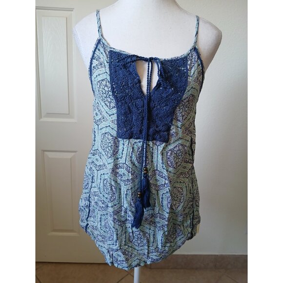 Solitaire Tops - Solitaire Womens Blouse Top Navy & Green Crochet Sleeveless Tank w/ Tassels Boho